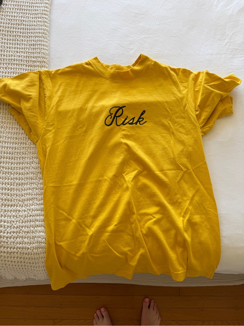 Yellow "Risk" Script Graphic Tee